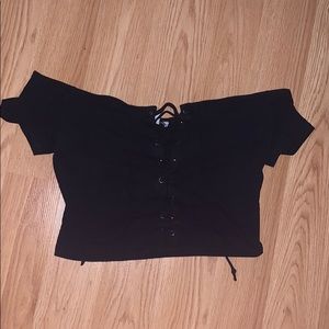 Black off the shoulder tie up top!